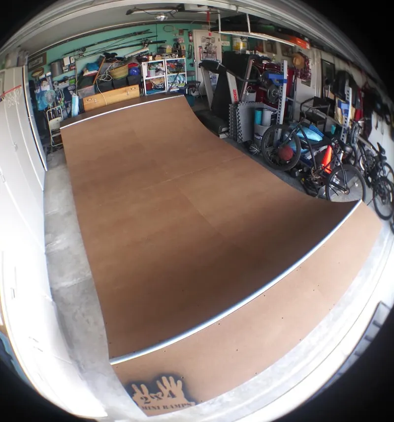 Two foot high miniramp in a garage, second angle