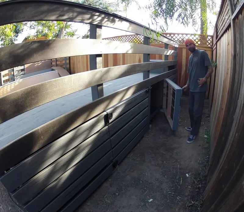 Back view of miniramp showing open storage access door